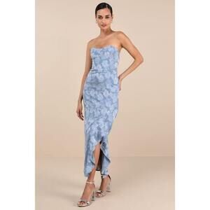 Lulus Mabriella Slate Blue Floral Burnout Ruffled Maxi Dress - Size S